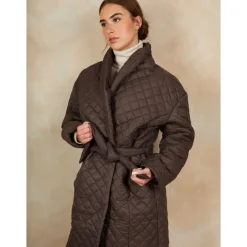 Diamond Quilted Longline Belted Coat in Chocolate