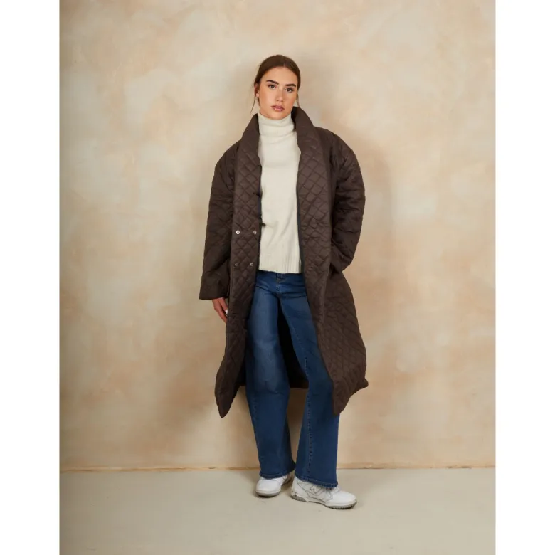 Diamond Quilted Longline Belted Coat in Chocolate