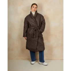 Diamond Quilted Longline Belted Coat in Chocolate