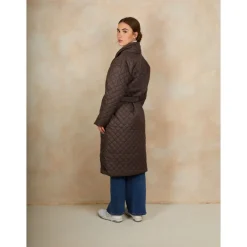 Diamond Quilted Longline Belted Coat in Chocolate