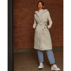 Diamond Quilted Longline Belted Gilet in Cream