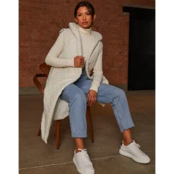 Diamond Quilted Longline Belted Gilet in Cream