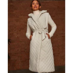 Diamond Quilted Longline Belted Gilet in Cream