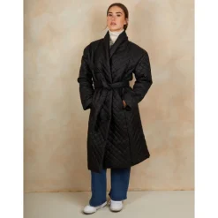 Diamond Quilted Longline Belted Coat in Black