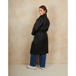 Diamond Quilted Longline Belted Coat in Black
