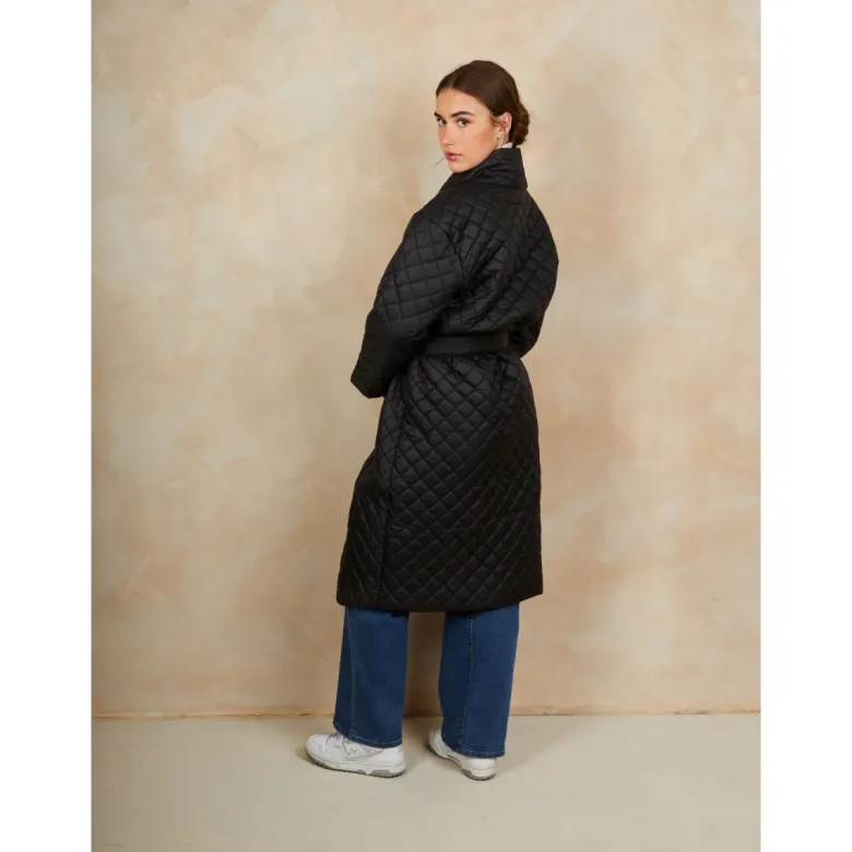 Diamond Quilted Longline Belted Coat in Black