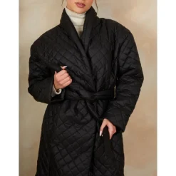 Diamond Quilted Longline Belted Coat in Black