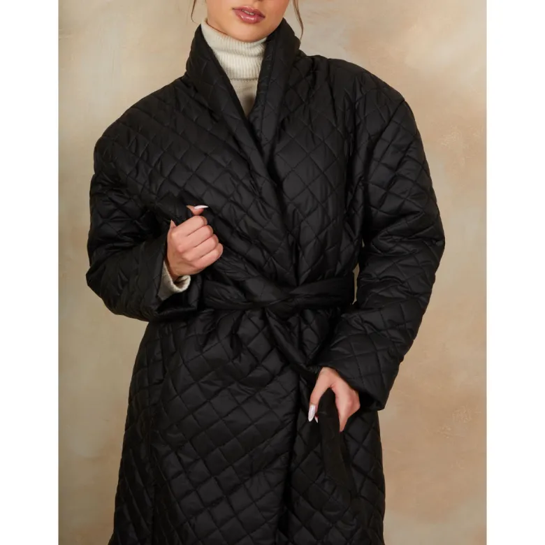 Diamond Quilted Longline Belted Coat in Black