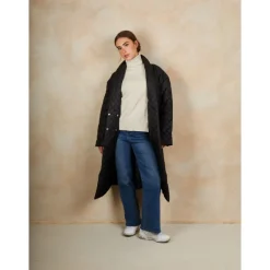 Diamond Quilted Longline Belted Coat in Black