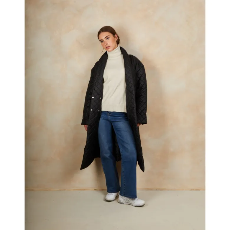 Diamond Quilted Longline Belted Coat in Black