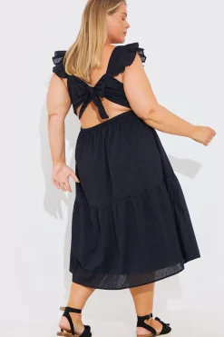 Dobby Frill Strap Tie Back Detail Tiered Midi Dress
