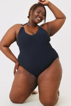 Double Strap Ring Detail Control Crinkle Swimsuit
