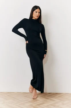 Draped High Neck Dress Black
