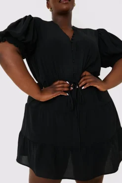 Drawstring Waist Balloon Sleeve Mini Dress