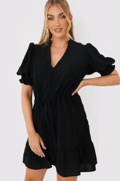 Drawstring Waist Balloon Sleeve Mini Dress