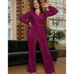 Elasticated Waist Wide Leg Plisse Trousers in Berry