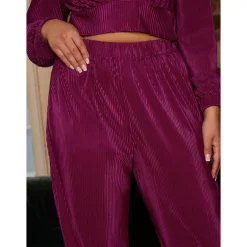 Elasticated Waist Wide Leg Plisse Trousers in Berry