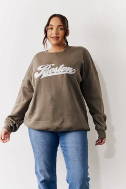 Embroidered Boston Slogan Crew Neck Sweater