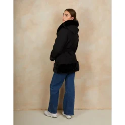 Faux Fur Belted Padded Coat in Black