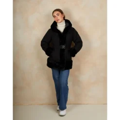 Faux Fur Belted Padded Coat in Black