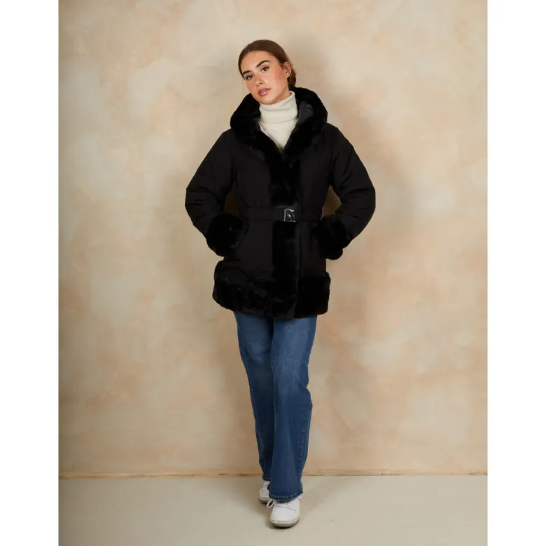 Faux Fur Belted Padded Coat in Black
