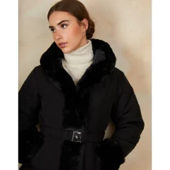 Faux Fur Belted Padded Coat in Black