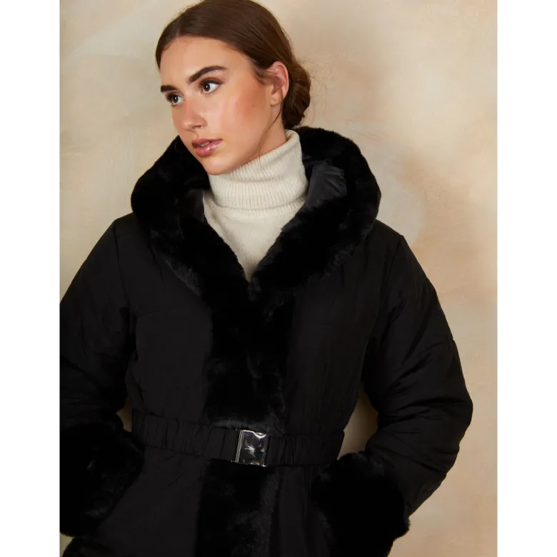 Faux Fur Belted Padded Coat in Black