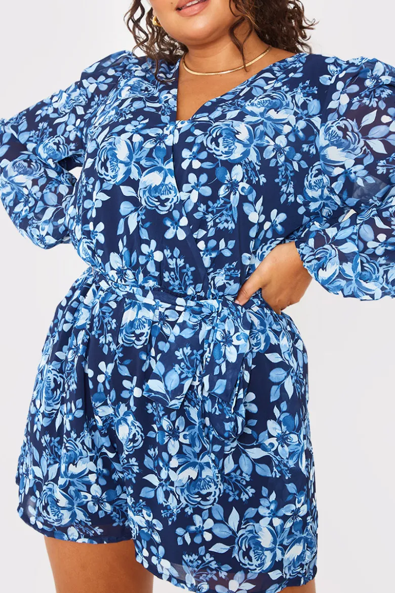 Floral Chiffon Wrap Belted Balloon Sleeve Playsuit