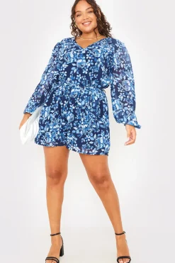 Floral Chiffon Wrap Belted Balloon Sleeve Playsuit