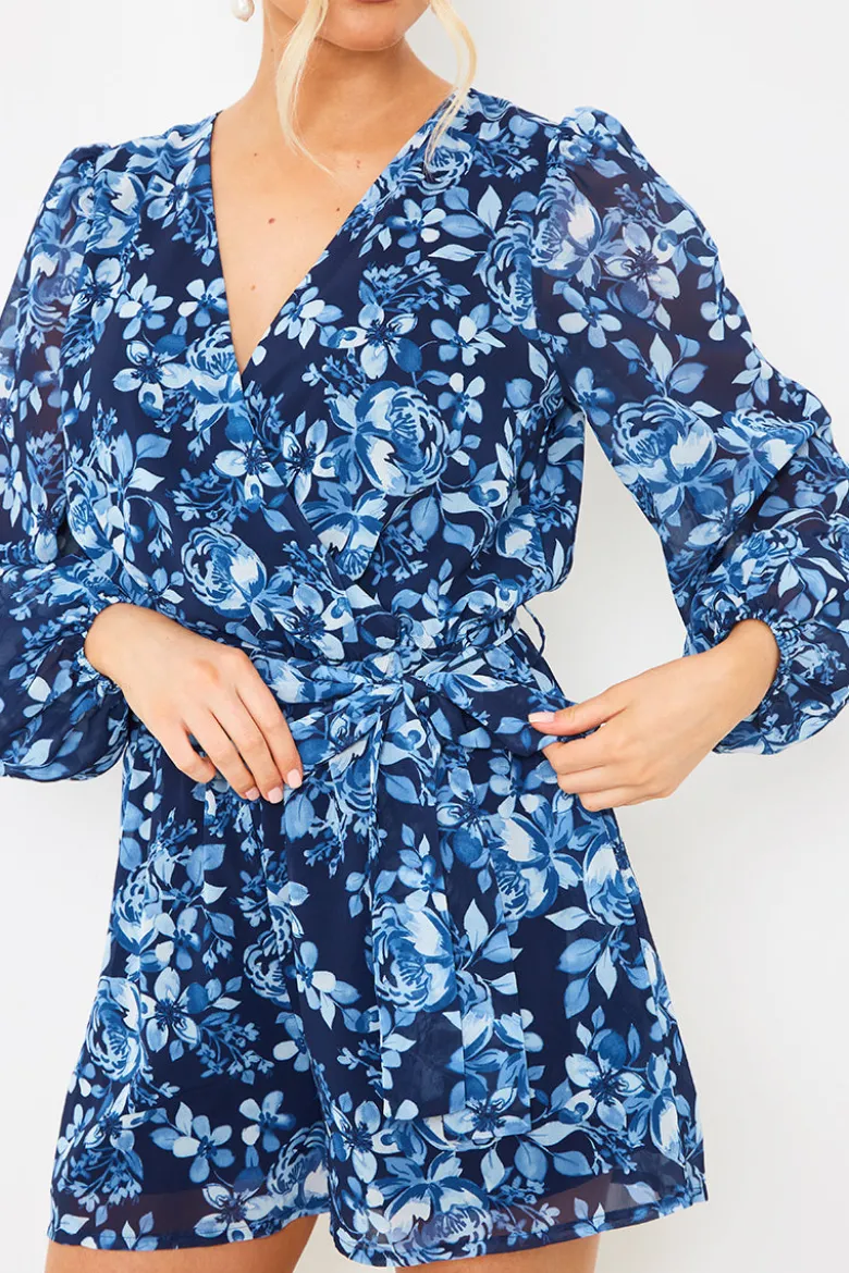 Floral Chiffon Wrap Belted Balloon Sleeve Playsuit