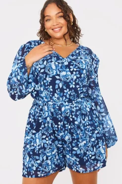 Floral Chiffon Wrap Belted Balloon Sleeve Playsuit