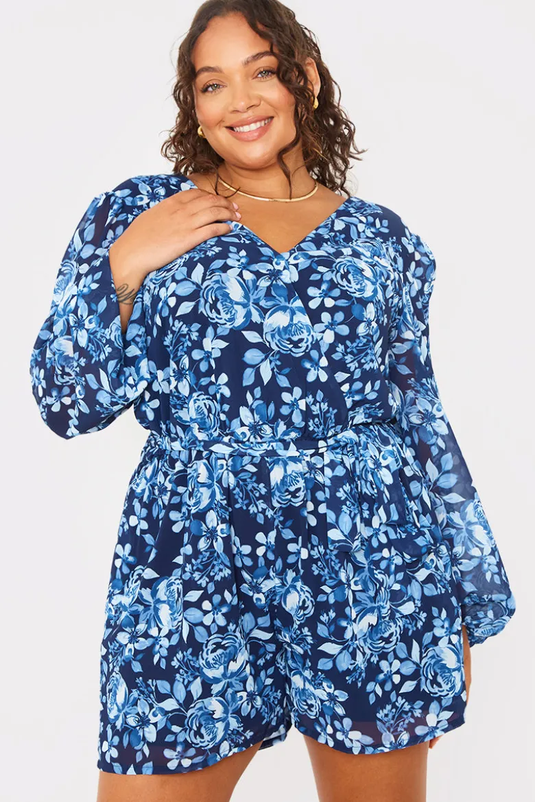 Floral Chiffon Wrap Belted Balloon Sleeve Playsuit