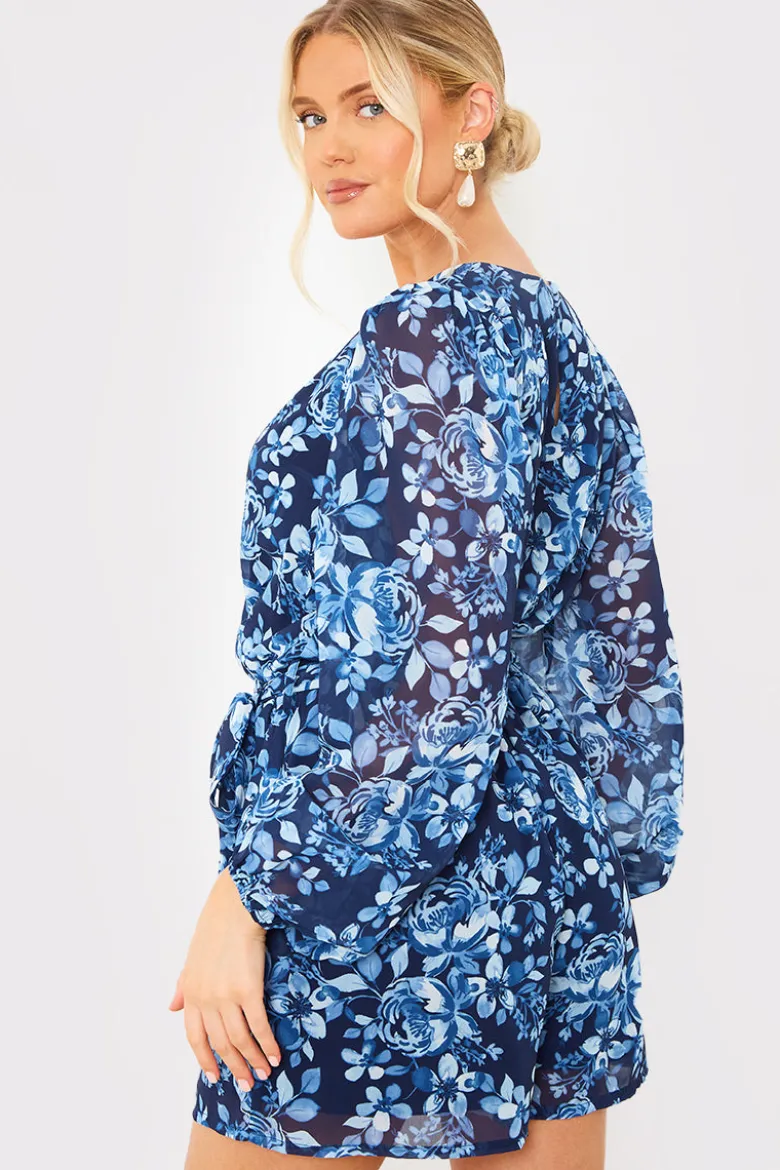Floral Chiffon Wrap Belted Balloon Sleeve Playsuit