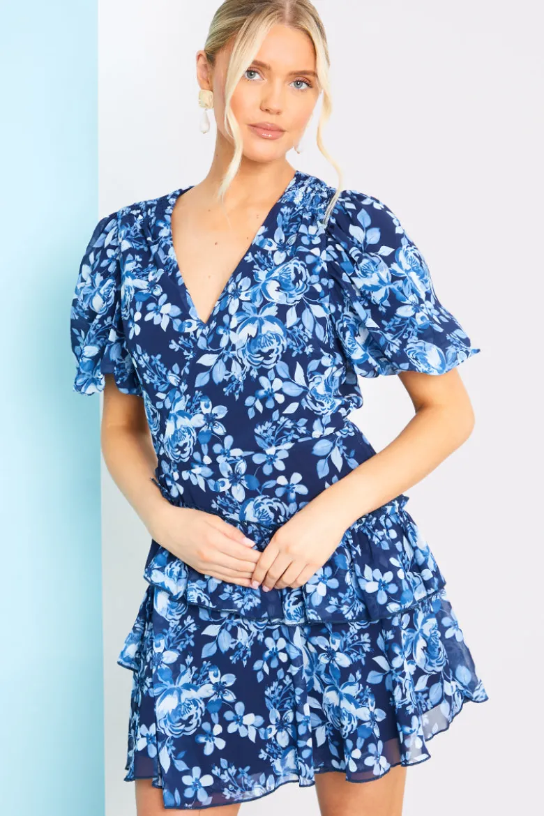 Floral Chiffon Wrap Detail Mini Dress