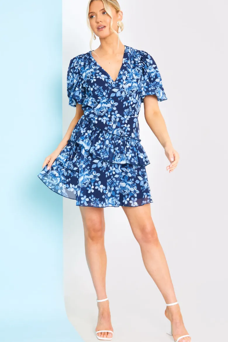 Floral Chiffon Wrap Detail Mini Dress
