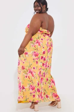 Floral Plisse Bandeau Maxi Dress With Removable Corsage