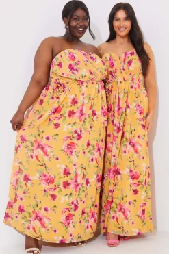 Floral Plisse Bandeau Maxi Dress With Removable Corsage