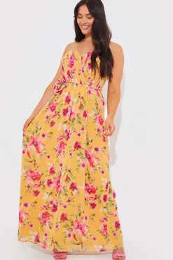 Floral Plisse Bandeau Maxi Dress With Removable Corsage