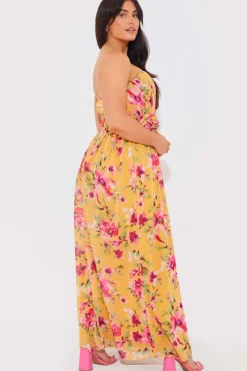 Floral Plisse Bandeau Maxi Dress With Removable Corsage