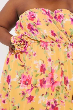 Floral Plisse Bandeau Maxi Dress With Removable Corsage