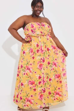 Floral Plisse Bandeau Maxi Dress With Removable Corsage