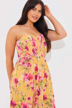 Floral Plisse Bandeau Maxi Dress With Removable Corsage