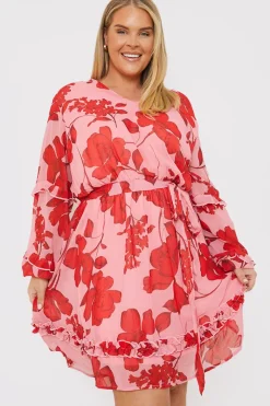 Floral Printed Chiffon Frill Detail Balloon Sleeve Mini Dress
