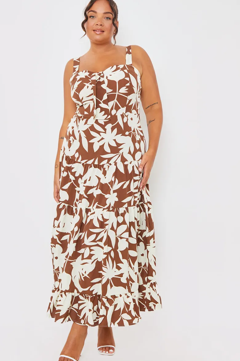 Floral Printed Tie Bust Tiered Maxi Dress