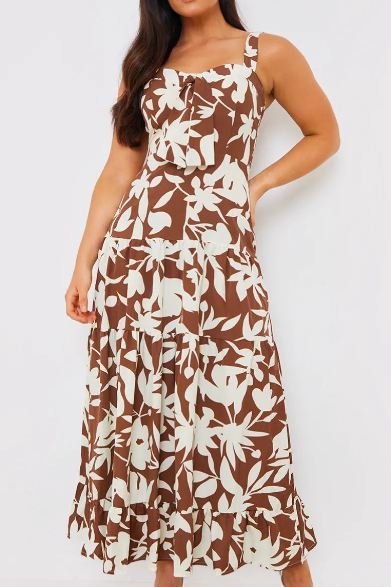 Floral Printed Tie Bust Tiered Maxi Dress