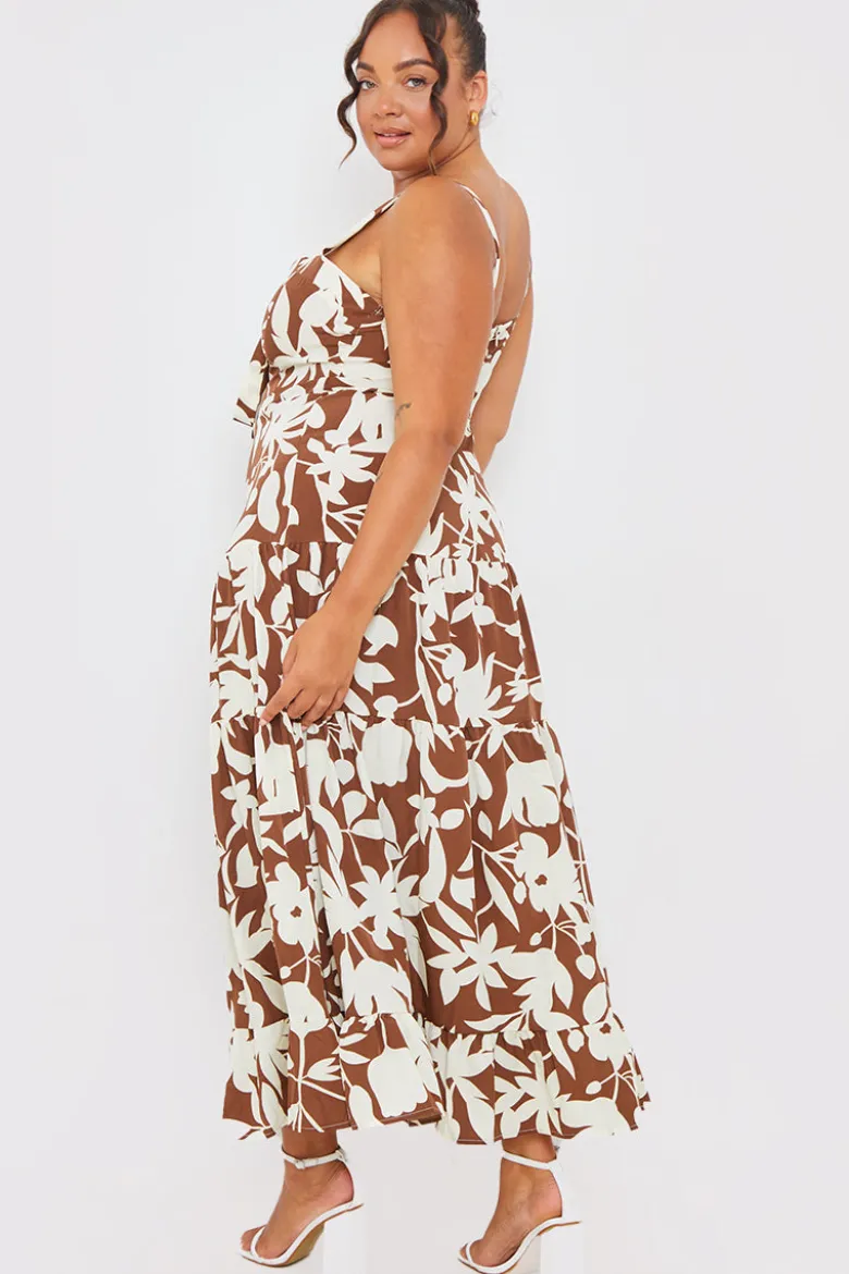 Floral Printed Tie Bust Tiered Maxi Dress