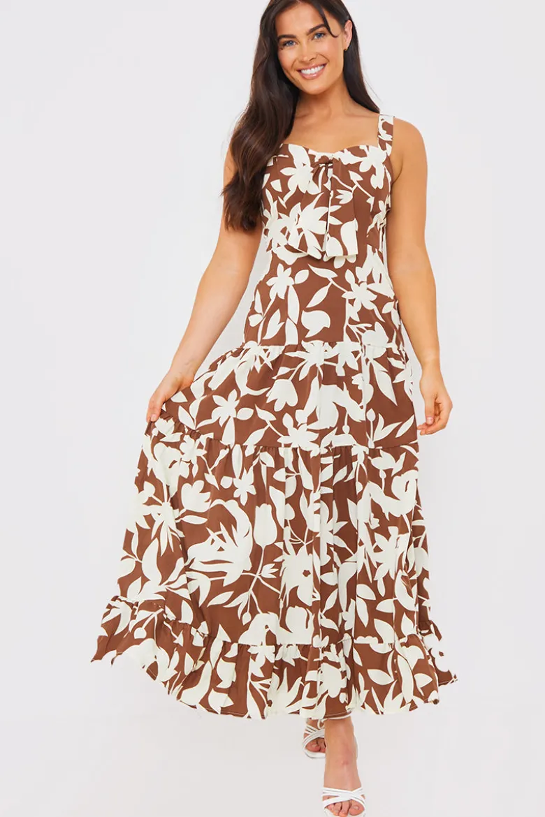 Floral Printed Tie Bust Tiered Maxi Dress