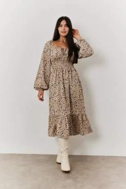 Floral Printed Tiered Midi Dress with Ruched Bust and Tie Front Detail