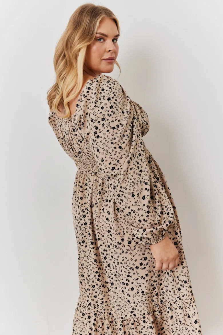 Floral Printed Tiered Midi Dress with Ruched Bust and Tie Front Detail