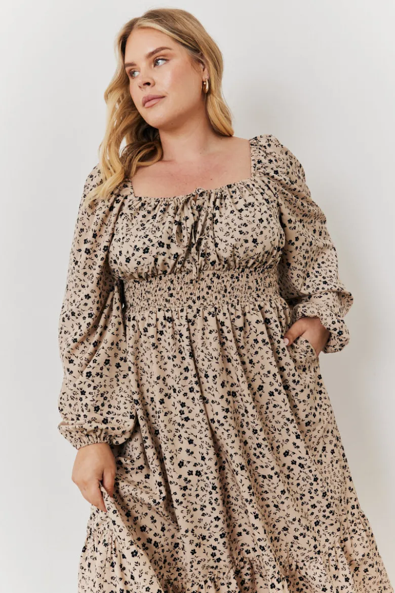 Floral Printed Tiered Midi Dress with Ruched Bust and Tie Front Detail